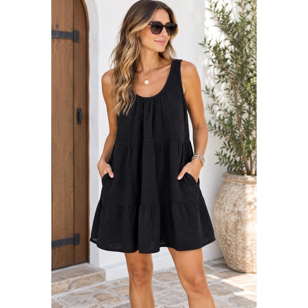 Universal Thread Tiered Mini Dress Large Black Cotton Gauze Sleeveless Pockets